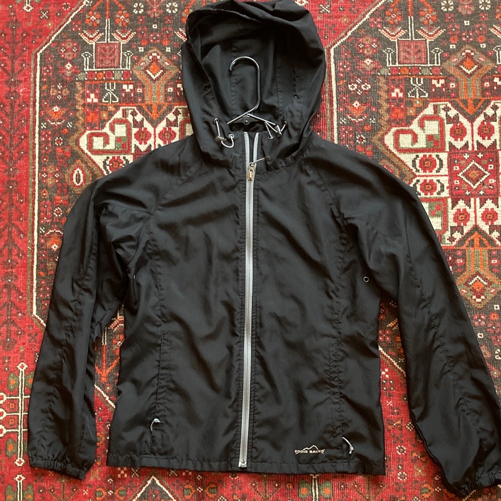 Women’s Eddie Bauer Sport Black XS Hooded wind rain Jacket with Silver Zipper